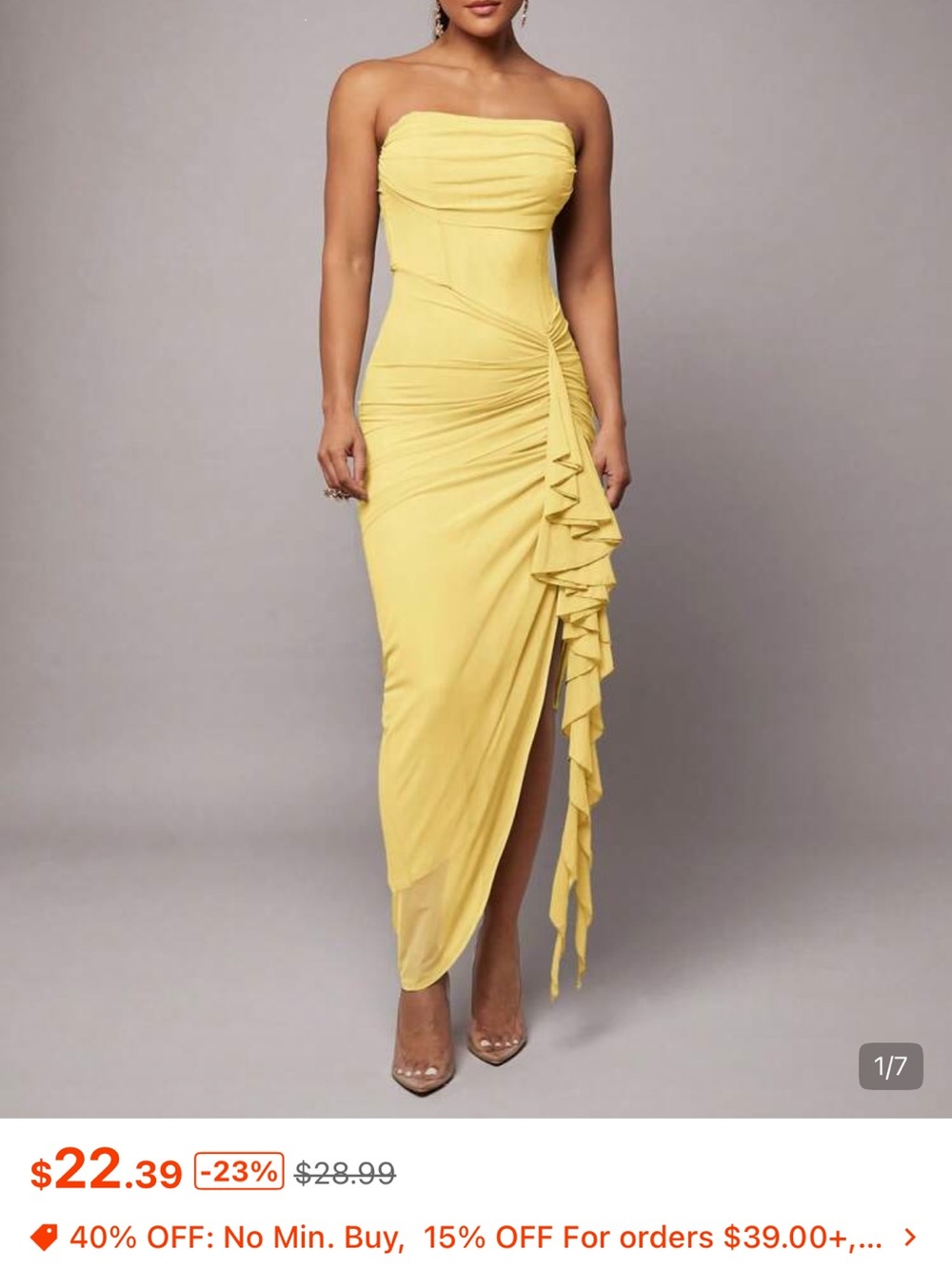 SHEIN Yellow Strapless Ruffle-Detail Midi Dress NEVER WORN!!
